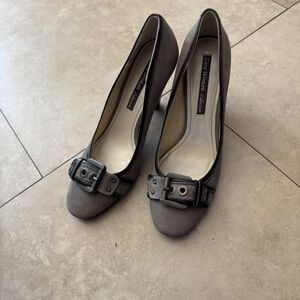 Zara Gray and Brown Buckle Round Toe Heels